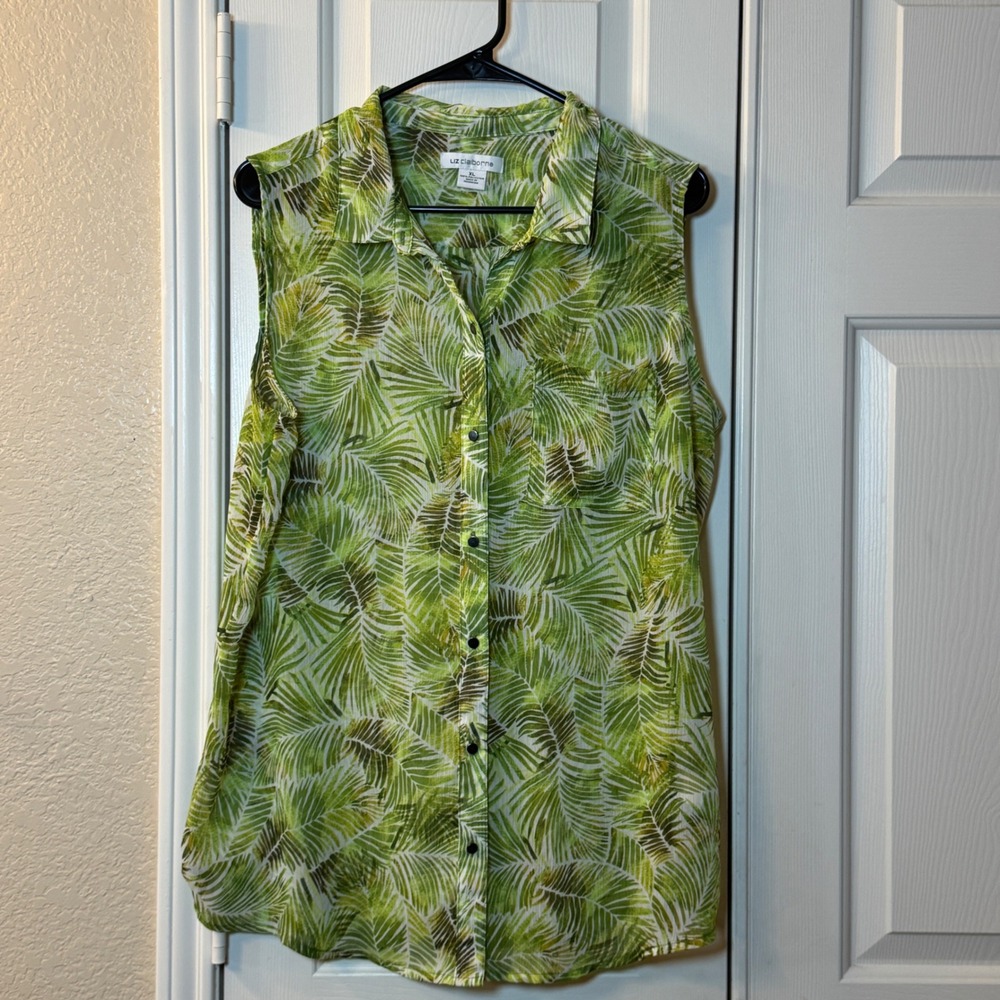 Liz Claiborne Sleeveless Green Palm Floral Pocket Crinkle Blouse Shirt Sheer XL